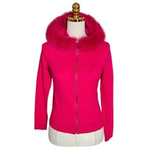 NEIMAN MARCUS Womens Pink Cashmere Cardigan Dyed Fox Fur Trim Hoodie Sz S Barbie